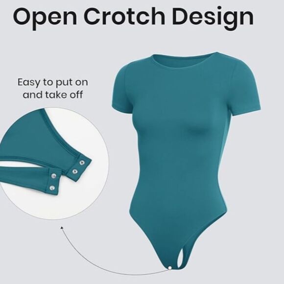 CRZ YOGA Cotton Crew Neck Short Sleeves Bodysuit, Borealis Green, Small, NWT - Picture 3 of 9